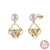 1 Pair Baroque Style Sweet Simple Style Flower Plating Hollow Out Inlay Freshwater Pearl Sterling Silver Artificial Pearls Drop Earrings sku image 1