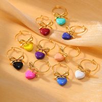 304 Stainless Steel Sweet Enamel Plating Heart Shape Bow Knot Charm Rings Open Rings main image 7