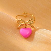 304 Stainless Steel Sweet Enamel Plating Heart Shape Bow Knot Charm Rings Open Rings sku image 9