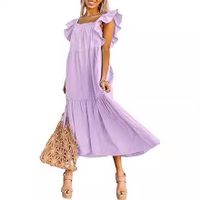 Women's Regular Dress Simple Style Square Neck Lettuce Trim Short Sleeve Solid Color Midi Dress Holiday Daily main image 2