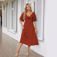 Women's Swing Dress Simple Style V Neck Bowknot Short Sleeve Solid Color Midi Dress Daily main image 3