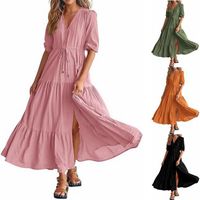Women's Regular Dress Simple Style V Neck Button Short Sleeve Solid Color Maxi Long Dress Daily main image 1