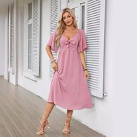 Women's Swing Dress Simple Style V Neck Bowknot Short Sleeve Solid Color Midi Dress Daily main image 5
