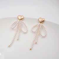 1 Pair Vintage Style Ethnic Style Heart Shape Bow Knot Beaded Plating Imitation Pearl Copper Gold Plated Drop Earrings main image 7