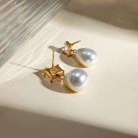 1 Pair IG Style Elegant Water Droplets Pearl Inlay 304 Stainless Steel Zircon 18K Gold Plated Drop Earrings main image 5