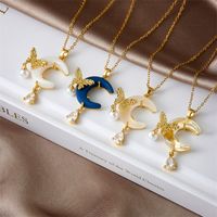 Copper Gold Plated Elegant Lady Classic Style Plating Inlay Star Moon Bow Knot Artificial Pearls Rhinestones Pendant Necklace main image 5