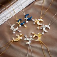 Copper Gold Plated Elegant Lady Classic Style Plating Inlay Star Moon Bow Knot Artificial Pearls Rhinestones Pendant Necklace main image 1
