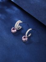 Copper White Gold Plated French Style Sweet Shiny Inlay Heart Shape Zircon Drop Earrings main image 3