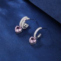 Copper White Gold Plated French Style Sweet Shiny Inlay Heart Shape Zircon Drop Earrings main image 5