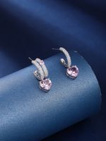 Copper White Gold Plated French Style Sweet Shiny Inlay Heart Shape Zircon Drop Earrings main image 4