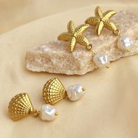 1 Pair Retro Starfish Shell Plating 304 Stainless Steel Freshwater Pearl 18K Gold Plated Drop Earrings main image 1