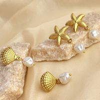 1 Pair Retro Starfish Shell Plating 304 Stainless Steel Freshwater Pearl 18K Gold Plated Drop Earrings main image 5