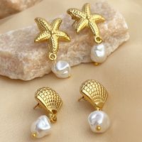 1 Pair Retro Starfish Shell Plating 304 Stainless Steel Freshwater Pearl 18K Gold Plated Drop Earrings main image 3
