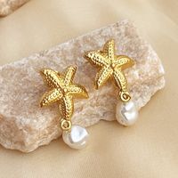 1 Pair Retro Starfish Shell Plating 304 Stainless Steel Freshwater Pearl 18K Gold Plated Drop Earrings sku image 1