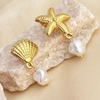 1 Pair Retro Starfish Shell Plating 304 Stainless Steel Freshwater Pearl 18K Gold Plated Drop Earrings sku image 3