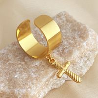 201 Stainless Steel 304 Stainless Steel 18K Gold Plated Simple Style Plating Cross Starfish Feather Adjustable Ring sku image 5