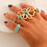Casual Hawaiian Artistic Geometric Flower 304 Stainless Steel 14K Gold Plated Turquoise Rings In Bulk main image 1