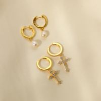 1 Pair Modern Style Simple Style Cross Pearl Plating Inlay Copper Zircon 18K Gold Plated Drop Earrings main image 5