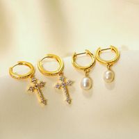 1 Pair Modern Style Simple Style Cross Pearl Plating Inlay Copper Zircon 18K Gold Plated Drop Earrings main image 1
