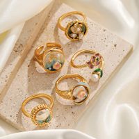 Freshwater Pearl Copper 18K Gold Plated Elegant Vintage Style Enamel Plating Inlay Flower Freshwater Pearl Open Rings main image 2