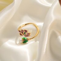 Freshwater Pearl Copper 18K Gold Plated Elegant Vintage Style Enamel Plating Inlay Flower Freshwater Pearl Open Rings main image 7