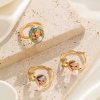 Freshwater Pearl Copper 18K Gold Plated Elegant Vintage Style Enamel Plating Inlay Flower Freshwater Pearl Open Rings main image 3
