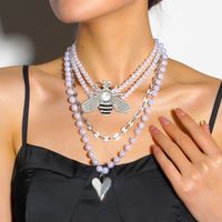 Großhandel Schmuck Elegant Einfacher Stil Herzform Biene Legierung Kunststoff Strasssteine Versilbert Perlen Inlay Geschichtete Halskette main image 4