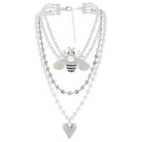 Wholesale Jewelry Elegant Simple Style Heart Shape Bee Alloy Plastic Rhinestones Silver Plated Beaded Inlay Layered Necklaces sku image 1