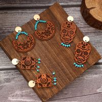 1 Pair Vintage Style Ethnic Style Geometric Skull Hollow Out Wood Drop Earrings main image 1