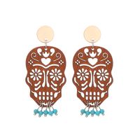 1 Pair Vintage Style Ethnic Style Geometric Skull Hollow Out Wood Drop Earrings sku image 2