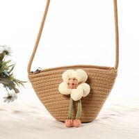 Women's Small Cotton Solid Color Flower Vacation Beach Weave Bucket Zipper Straw Bag main image 5