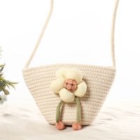 Women's Small Cotton Solid Color Flower Vacation Beach Weave Bucket Zipper Straw Bag main image 2