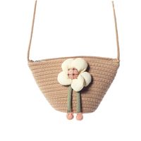 Women's Small Cotton Solid Color Flower Vacation Beach Weave Bucket Zipper Straw Bag main image 3