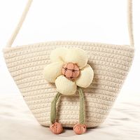Women's Small Cotton Solid Color Flower Vacation Beach Weave Bucket Zipper Straw Bag sku image 3