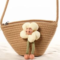 Women's Small Cotton Solid Color Flower Vacation Beach Weave Bucket Zipper Straw Bag sku image 4