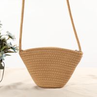 Women's Small Cotton Solid Color Flower Vacation Beach Weave Bucket Zipper Straw Bag sku image 2