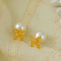 1 Pair Princess French Style Sweet Butterfly Hollow Out Inlay Copper Pearl 14K Gold Plated Ear Studs main image 3