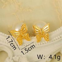 1 Pair Princess French Style Sweet Butterfly Hollow Out Inlay Copper Pearl 14K Gold Plated Ear Studs sku image 1