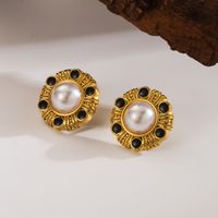 1 Pair Casual Simple Style Round Plating Inlay 304 Stainless Steel Artificial Pearls 18K Gold Plated Ear Studs main image 3