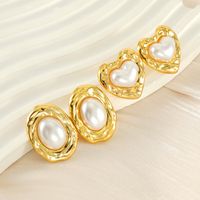 1 Piece Simple Style Classic Style Square Oval Heart Shape Plating Inlay 304 Stainless Steel Artificial Pearls 18K Gold Plated Ear Studs main image 1