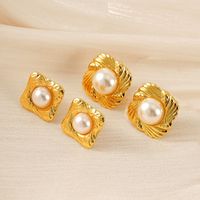 1 Piece Simple Style Classic Style Square Oval Heart Shape Plating Inlay 304 Stainless Steel Artificial Pearls 18K Gold Plated Ear Studs main image 3