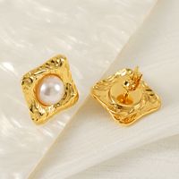 1 Piece Simple Style Classic Style Square Oval Heart Shape Plating Inlay 304 Stainless Steel Artificial Pearls 18K Gold Plated Ear Studs main image 4