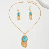 Copper 18K Gold Plated Simple Style Classic Style Plating Inlay Oval Turquoise Earrings Necklace Jewelry Set main image 4