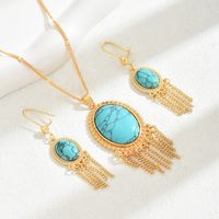 Copper 18K Gold Plated Simple Style Classic Style Plating Inlay Oval Turquoise Earrings Necklace Jewelry Set main image 5