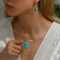 Copper 18K Gold Plated Simple Style Classic Style Plating Inlay Oval Turquoise Earrings Necklace Jewelry Set main image 3