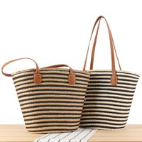 Women's Large Paper String Stripe Vintage Style Beach Weave Zipper Straw Bag main image 1