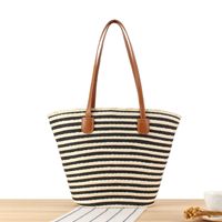 Women's Large Paper String Stripe Vintage Style Beach Weave Zipper Straw Bag sku image 1