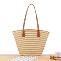 Women's Large Paper String Stripe Vintage Style Beach Weave Zipper Straw Bag sku image 3