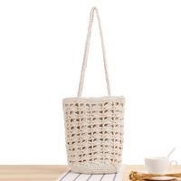 Women's Medium Cotton Rope Solid Color Vacation Beach Weave Bucket String Straw Bag sku image 2
