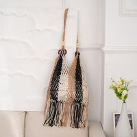 Women's Medium Cotton Rope Color Block Vacation Beach Tassel Weave Bucket Open Straw Bag main image 4